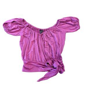 Y2K Bebe Off Shoulder Faux Wrap Tie Waist Hem Crop Top Purple Stretch Size XS